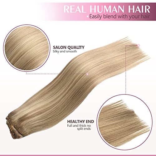 Clip in Hair Extensions - Human Hair, 20 Inch Honey Blonde with Bleach Blonde - 7 Pcs