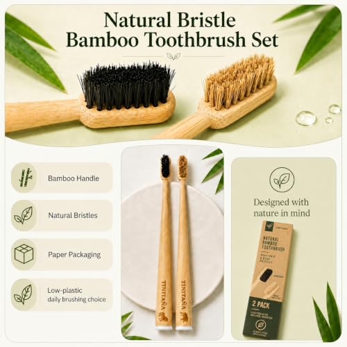 Natural Boar & Horsehair Bamboo Toothbrush 2 Pack - Plastic & Nylon Free