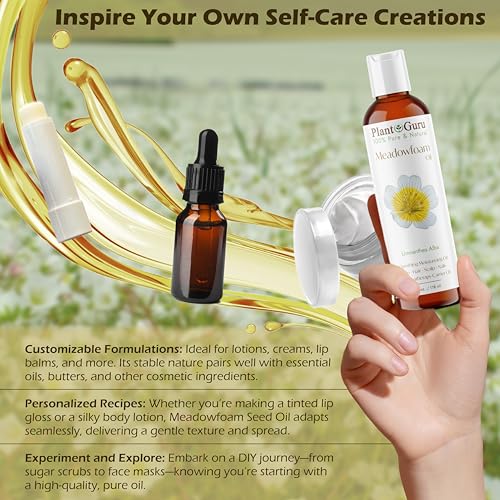 Plant Guru Meadowfoam Oil 2 fl. oz. Cold Pressed 100% Pure Natural Carrier ? Skin, Face, Body, and Hair Moisturizer. Ideal for DIY Creams, Lotions, and Lip Balms