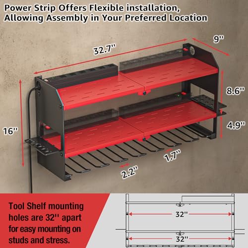 YYR Power Tool Organizer with Charging Station—Wall Mount, Surge Protected Power Strip, Red Shelf