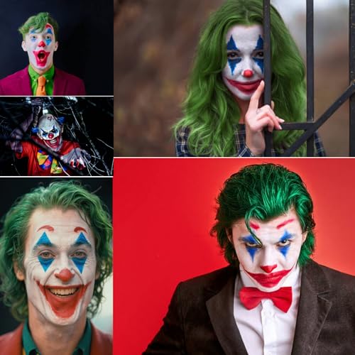 MEICOLY Joker Makeup Kit - Complete Clown & Halloween SFX Costume Set with Face Paint, Green Hair Dye & Accessories