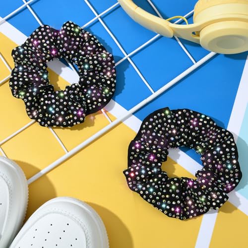 6 Pcs Glitter Black Rhinestone Cheerleading Scrunchies - Sparkly Hair Accessories for Cheerleaders & Dance
