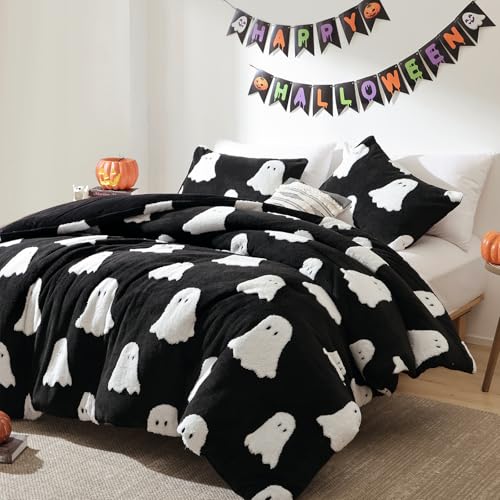 Smoofy Black Ghost Halloween King Comforter Set - 3 Pieces, Cozy Fleece Bedding