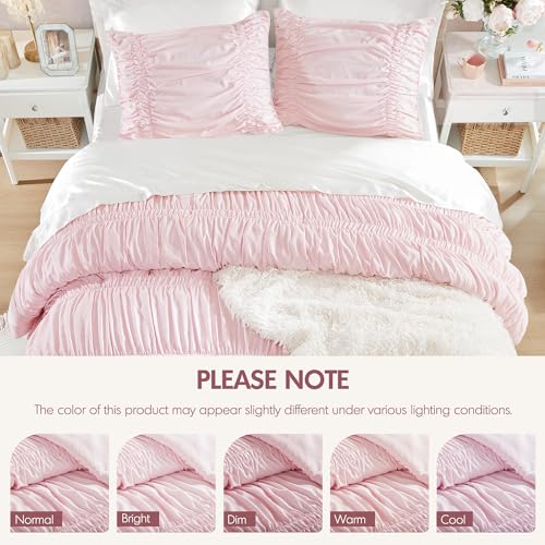 Pink Queen Comforter Set with Ruched Shabby Chic Design - 3 Piece Full/Queen Bedding