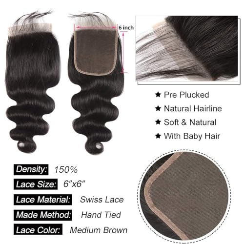 Isufer 6x6 HD Transparent Lace Closure Body Wave Brazilian Virgin Hair 12 Inch Natural Black