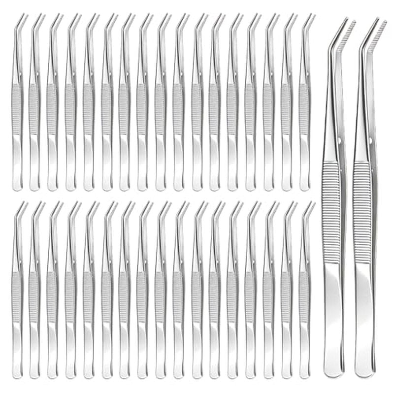 36 Pcs Stainless Steel Tweezers Multipurpose Sewing Machine Forceps Bulk with Curved Serrated Tip for Crafting (Silver)
