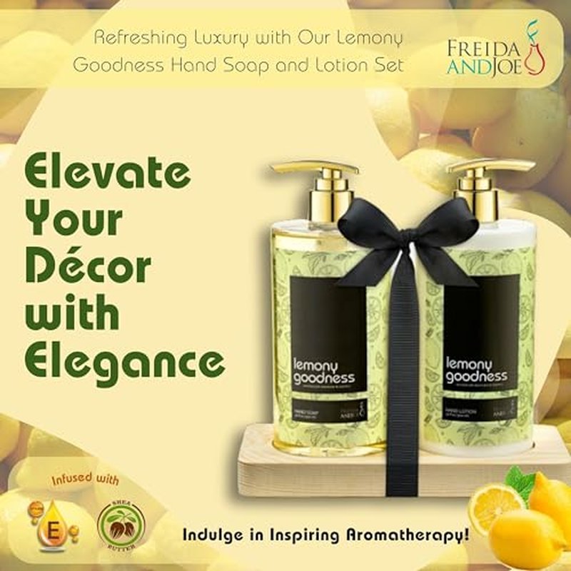 16 fl oz Lemon Citrus Aromatic and Nourishing Hand Soap Set Keep Your Skin Incredibly Soft & Clean in a Wooden Holder Unisex Formula Luxury Body Care for Women and Men Gift ? Mother's Day Gift for