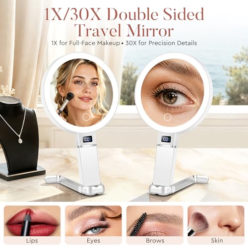 MIYADIVA White Height-Adjustable Travel Makeup Mirror with Lights, 1X/30X Magnification & Phone Holder