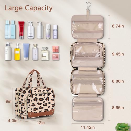 Large Waterproof Toiletry Bag for Women with Jewelry Organizer - Leopard Print Travel Organizer