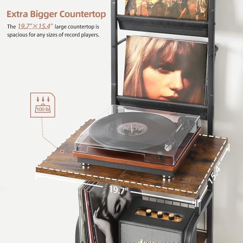 Record Player Stand with Power Outlet & Vinyl Storage - Black & Brown