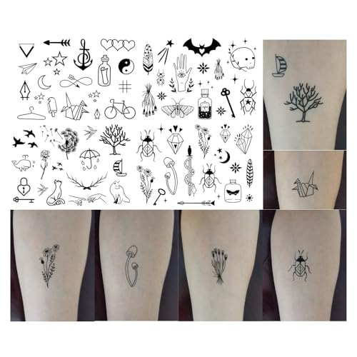 Black Flowers Tree Temporary Tattoo Sticker Waterproof Geometric Insect Women Girls Neck Chest Hand 15X11cm Set of 4 (SF267)
