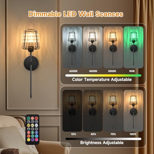 Black Battery Operated Crystal Wall Sconce Set of 2 with Remote & 12 Colors
