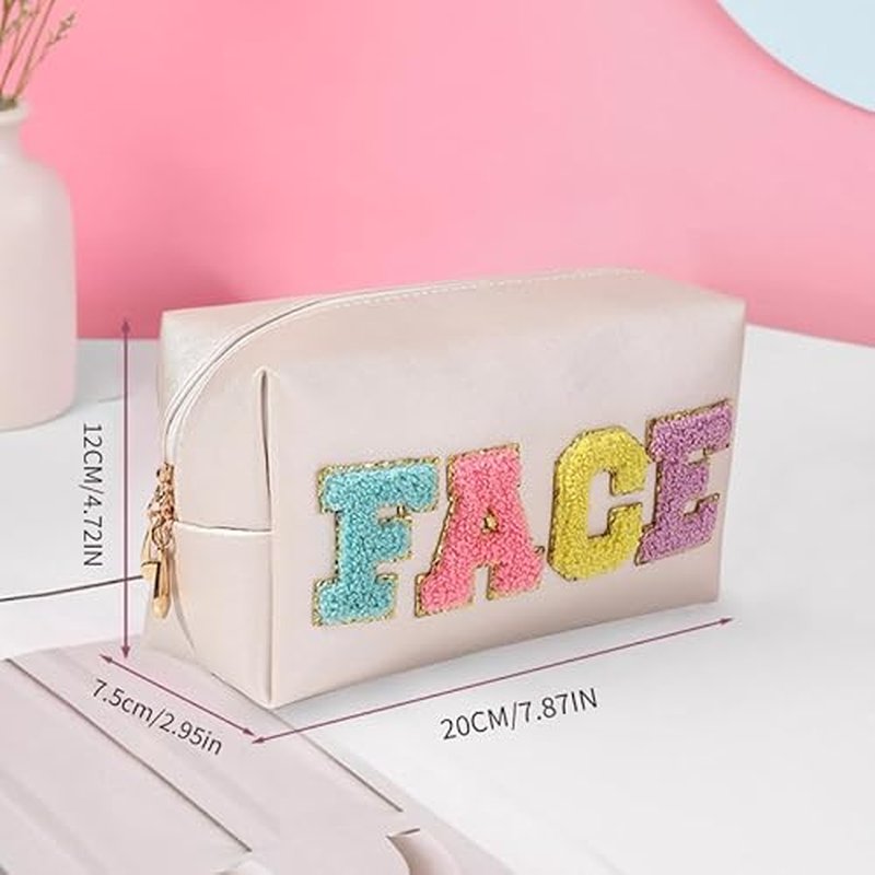 2 Preppy Patch Makeup Bag Chenille Letters Cosmetic Bag Personalized Initial Cute Face Skin Pu Leather Portable Waterproof Toiletry Bag with Keychain Travel Make up Bag for Women Teen Girls