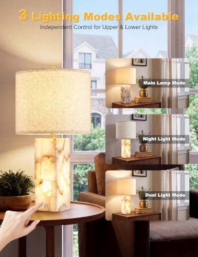 White 23-Inch Alabaster Table Lamp Set of 2 - Modern Marble Nightstand Lamps with Linen Shade, Touch Control & 3-Level Dimming