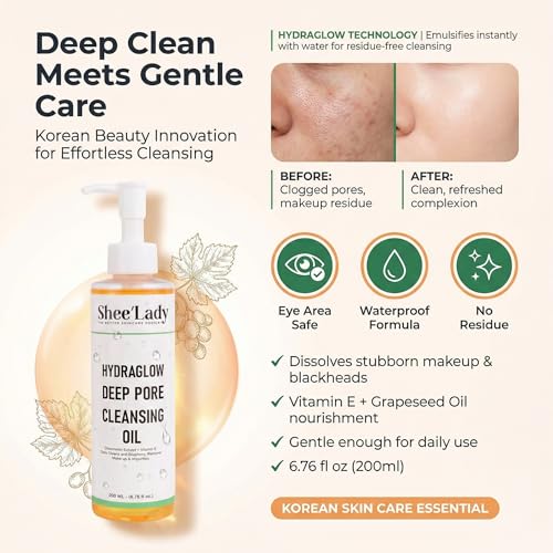 Shee'lady Hydraglow Deep Pore Cleansing Oil, limpiador facial en aceite ? Best Cleansing Oil for Face, Blackhead & Makeup Remover Korean Skin Care, 6.76 fl oz (200ml)