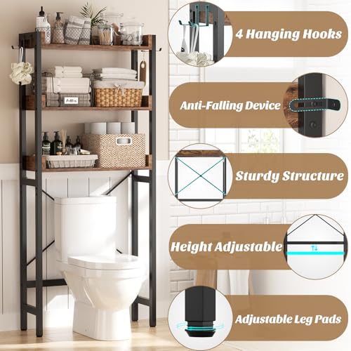 Over-The-Toilet Bathroom Storage Rack 3-Tier Rustic Brown Organizer Shelf with Hooks
