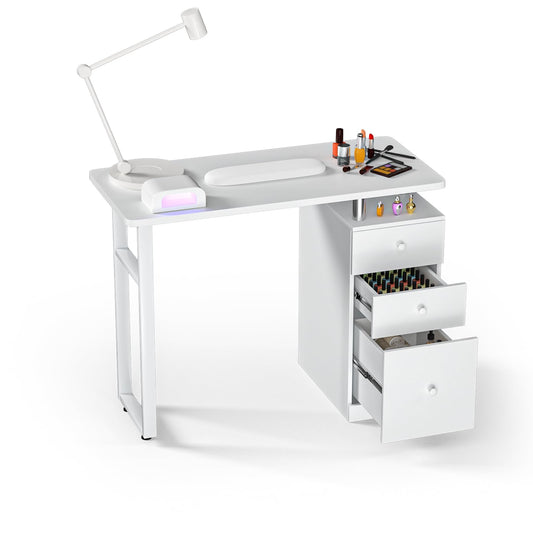 Charmmade Manicure Table Nail Station White Nail Desk with Drawers Acetone Resistant Nail Tech Table with Wrist Cushion