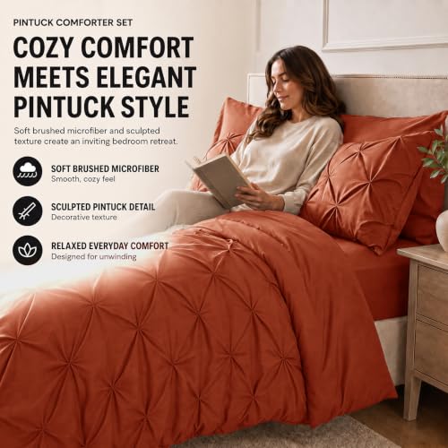 HIMEET King Size Burnt Orange Comforter Set 7 Pieces Pintuck Bed in a Bag