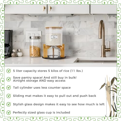 Glass and Bamboo Rice Dispenser 10 lbs with Airtight Seal & Labels