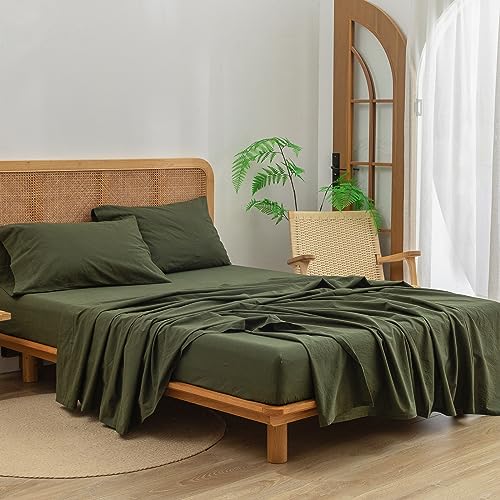 King Size Olive Green Cotton Linen Feel Sheet Set - Washed 100% Cotton, Deep Pocket