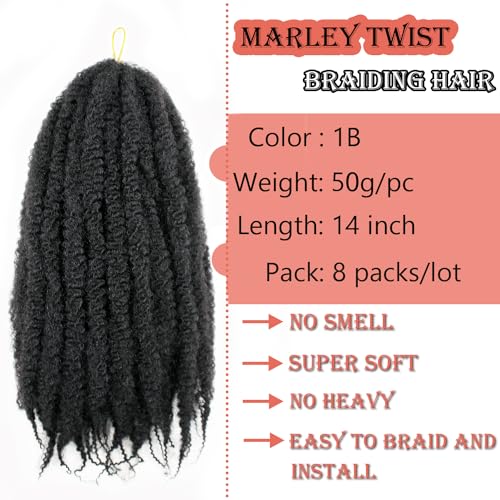 14 Inch Afro Kinky Curly Braiding Hair - Marley Twist Extensions, 8 Pack of 1B