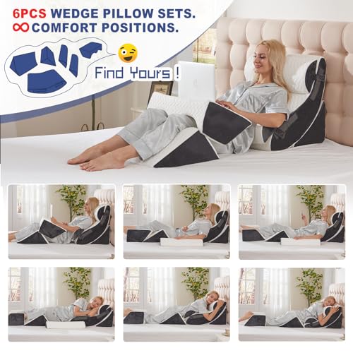 Multi-Functional Bed Wedge Pillow Set - 7-in-1 Orthopedic Support for Back Neck Legs, 6 Pieces White Grey