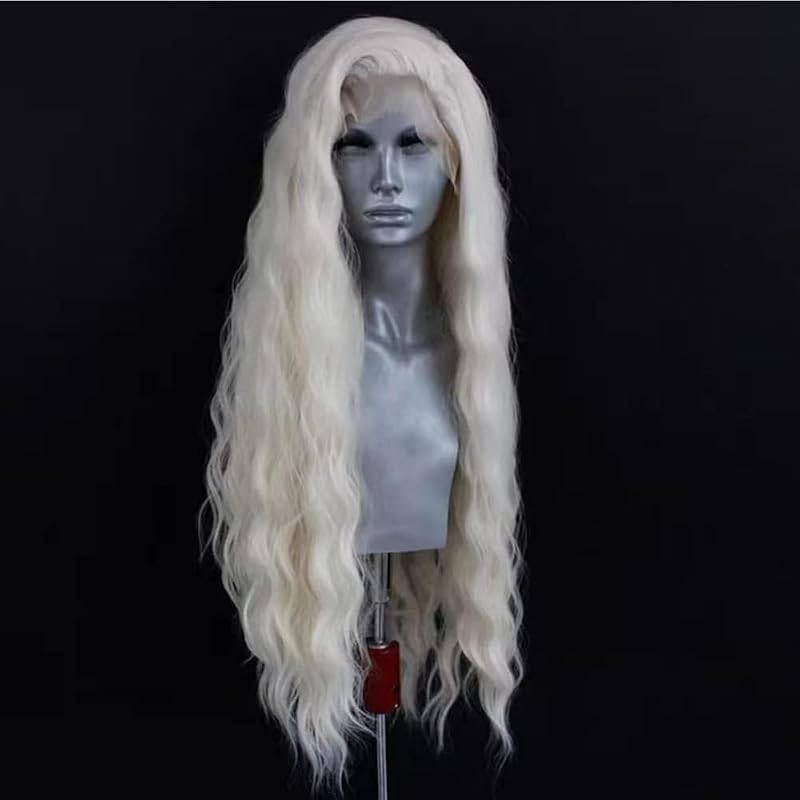 ELESTY CR6000 Long Wavy White Blonde Lace Front Wig - 24in, Free Part, Glueless, Heat-Resistant