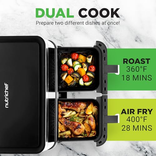 NutriChef Double Basket Air Fryer 8.8 QT – Family Size Oil-Free Kitchen Appliance