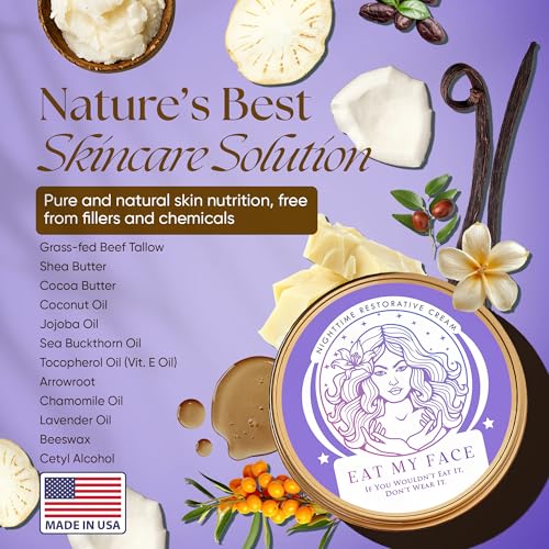 Eat My Face Grass Fed Tallow Night Cream for Face ? Hydrating Anti Wrinkle Cream for Face with Shea Butter, Cocoa Butter & Vitamin E | Anti Aging Men & Women Restorative Night Moisturizer, 4.0 fl oz