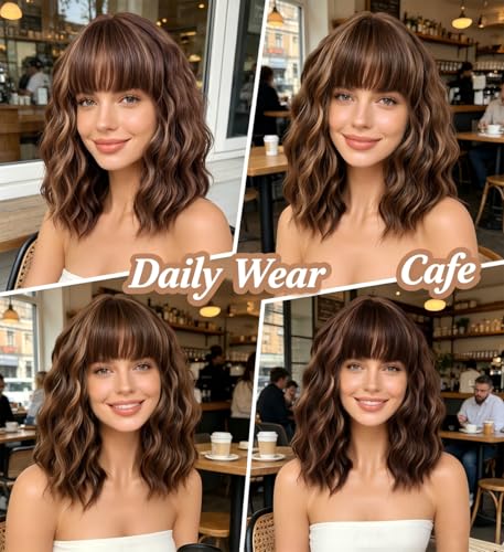 Brown Highlights Blonde Wig with Bangs - 14 Inch Wavy Bob Hair for Women - WAVE&BREEZE