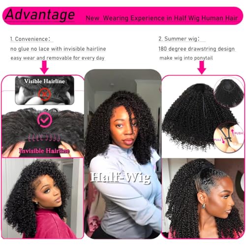 Curly Half Wig Human Hair 18 Inch Glueless Kinky Curly Style - Wear & Go