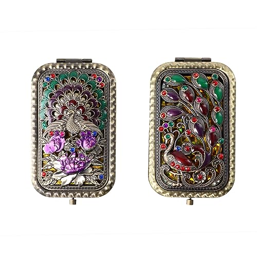 Pokinge 2Pcs Compact Folded Pocket Mirror Double-Sided Folding Retro Peacock Metal Makeup Mirror Portable 2X Magnification Cosmetic Mirror for Travel