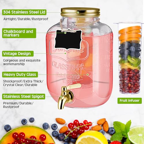 Glass Drink Dispenser with Stand and Lid - 2 Gallon Capacity - Gold - Set of 3