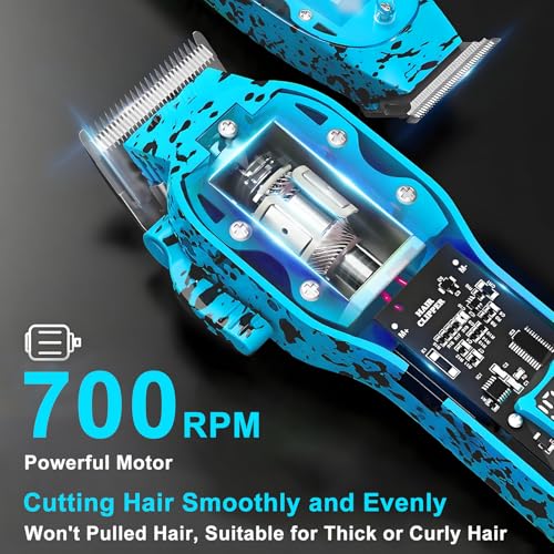 WAIKIL Hair Trimmer Kit for Men,Professional Barber Set for Hair Beard Trimmer,Quiet and Long-Lasting Charging,Transparent Rechargeable Bald Fade Clippers with LED Display (Blue)