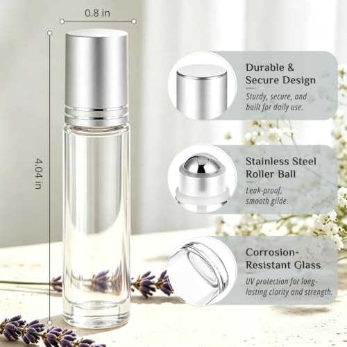 Clear Essential Oil Roller Bottles Set of 60 with Silver Cap - 10ml Travel Refillable Glass Bottles