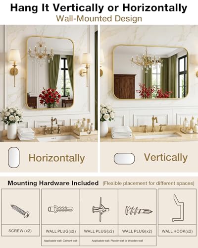 24x36 Inch Brushed Gold Rectangle Bathroom Mirror - Modern Over Sink Vanity with Rounded Corners (Variation of THIS listing)