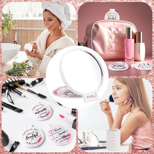 Wenqik 100 Pcs Light Pink Inspirational Mini Compact Mirrors for Purse Women Small Gifts Bulk, Round Makeup Folding Hand Mirrors, Client Guest Gifts Ideas, Women's Day Party Favors for Bridal Wedding
