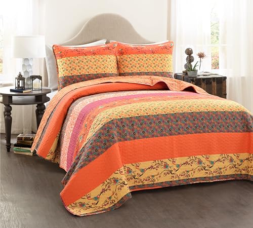 King Reversible Cotton Quilt Set - Tangerine Striped & Floral Bedding - Boho Decor