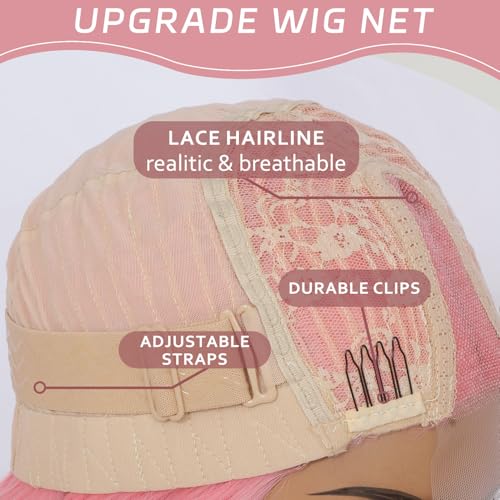 Pink Wavy Wig for Women, 26 Inch Light Pink Synthetic Hair, Natural Look & Heat Resistant - Variation: Pink