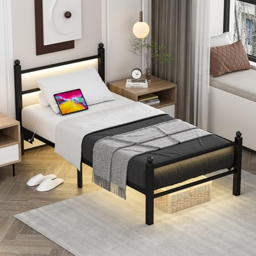 Black Twin Bed Frame with Charging Station & RGB LED Lights, Heavy Duty Slats, Easy Assembly