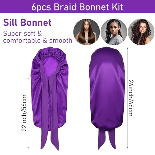 6 Pack Satin Hair Bonnets for Women – Large Silky Sleep Caps with Tie for Curly & Braided Hair, Red