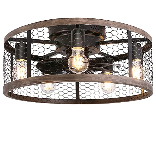 20-Inch Rustic Farmhouse Caged Ceiling Fan with Lights & Remote - Wood Flush Mount Variant