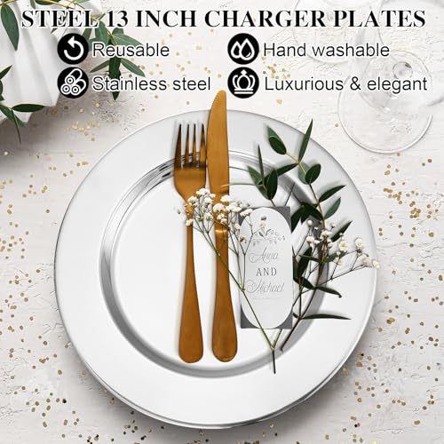 24 Pcs Stainless Steel Silver Charger Plates Set 13 Inch Round for Dining