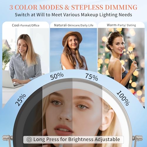 FUNTOUCH 5000mAh Rechargeable Wall Mount Makeup Mirror with Lights, 30X/1X Magnifying 9" Double Sided Mirror, 3 Color Lights,Touch Dimmable, 360 Rotation Extended Arm with Adapter,Brush Nickel
