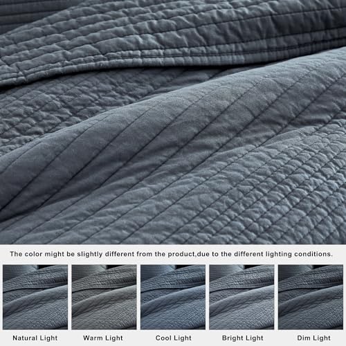 King Size Cotton Striped Quilt Set - Dusty Blue, 3 Pieces, Breathable & Durable
