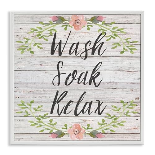 Stupell Industries Wash Soak Relax Floral Wood Wall Art, 17 x 17, White Framed