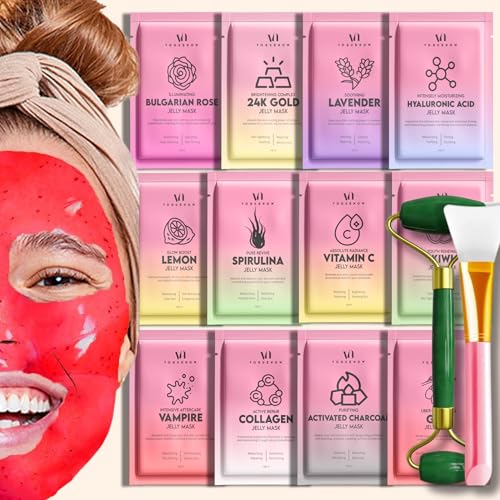 Multiflavor Hydrojelly Face Mask Set - 12 Pcs with Jade Roller & Spatula