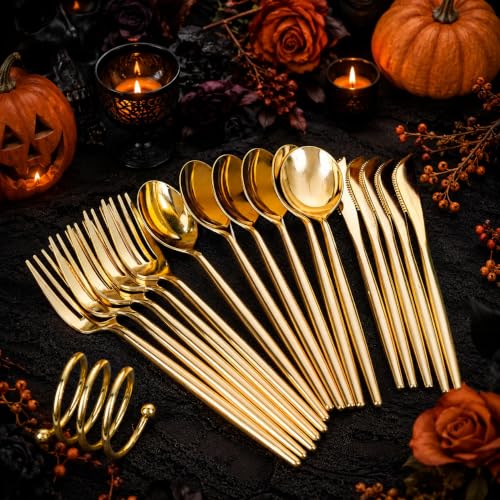 SUT 600-Piece Gold Plastic Cutlery Set Heavy Duty Disposable Utensils for Events