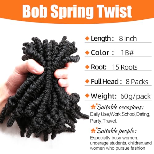 Lifabeauty 8 Pack Short Bob Spring Twist Crochet Hair 8 Inch 1B# for Black Women