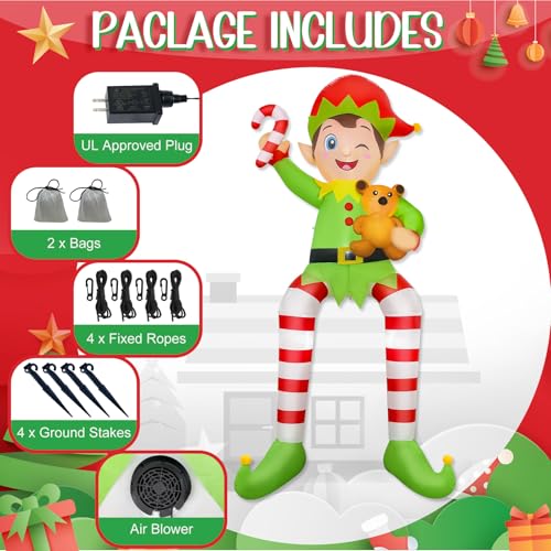 10FT Outdoor Christmas Inflatable Elf with LEDs & Stable Setup - Yard Decor